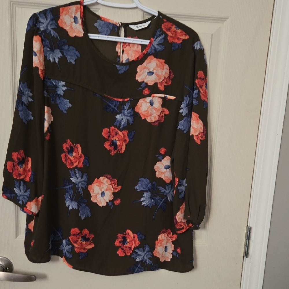Cato Floral Blouse with Red and Blue Accents Backround Is Olive Green
